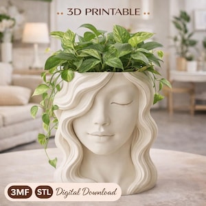 3D-utskrivbar blomkruka med kvinnans ansikte – Modern dekorativ vas – 3MF-fil – Designerinredning – Digital nedladdning