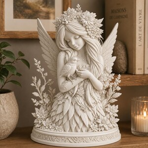 May include: A white fairy ornament with a floral crown and a dress of leaves, holding a bird. The detailed sculpture features delicate wings and is surrounded by floral and leaf accents. The ornament is displayed on a wooden shelf.