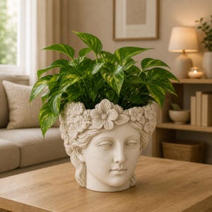 May include: A cream-colored, sculpted planter in the shape of a woman's head, adorned with a floral crown, holds a vibrant green plant. The plant has large, heart-shaped leaves with yellow variegation. The planter sits on a wooden table.