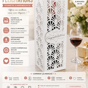 May include: A white 3D printable STL file for a wine bottle gift box featuring an intricate art deco fan pattern and a central plaque with the text Congratulations. This digital product is designed for 3D printing and includes a commercial license.