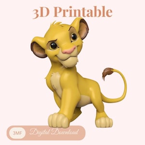 Może przedstawiać: Model do druku 3D przedstawiający żółtego lwiątka z kreskówki. Lwiątko ma różowy nos, brązowe uszy i zakręcony ogon. Tekst "3D Printable" znajduje się na górze, a "Digital Download" na dole.
