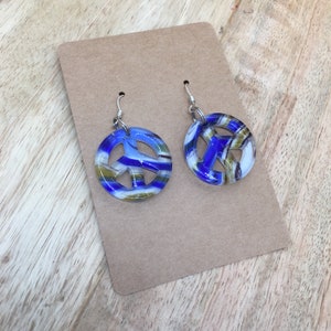 Peace Sign Glass Earrings With Sparkles And Sterling Silver Ear Wires