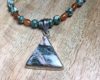 Gemstone Necklace With Tree Agate And Carnelian Natural Stone Beads And Sterling Silver.