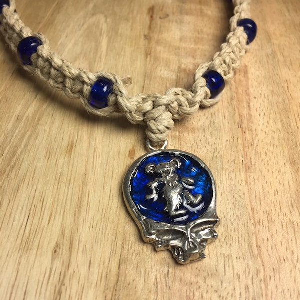 Hemp Necklace With Bear Dancing Face Skull 7 Color Choices! Macrame One Size Fits All Necklace