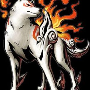 May include: A white wolf illustration with red markings on its face and body, surrounded by stylized orange and yellow flames. The wolf has a thick, flowing tail with swirling patterns and stands against a solid black background.