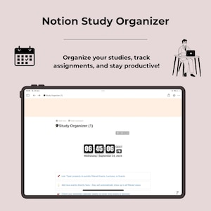 Może przedstawiać: Tablet cyfrowy wyświetlający interfejs organizatora nauki Notion. Ekran pokazuje ikonę kalendarza, zegar z godziną 06:45:06 i tekst "Zorganizuj swoje studia, śledź zadania i bądź produktywny!" Tło jest jasnoróżowe.