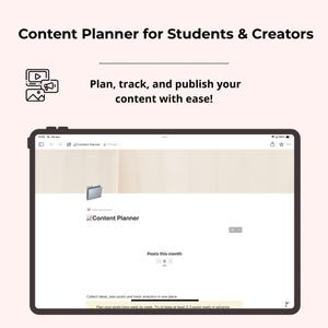 Może przedstawiać: Ekran tabletu z interfejsem planera treści. Tekst brzmi "Content Planner for Students & Creators" i "Planuj, śledź i publikuj swoje treści z łatwością!" Interfejs jest przeznaczony do planowania, śledzenia i analizowania treści.