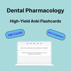 Pode incluir: Um recurso de estudo digital intitulado Dental Pharmacology High-Yield Anki Flashcards num fundo azul claro. Apresenta dois emblemas ovais azuis com as etiquetas 146 Cards e ADA Guidelines, e um ecrã de portátil com uma pergunta.