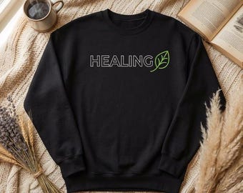 Felpa unisex Healing Leaf, girocollo, per la cura della salute mentale, design minimale e accogliente