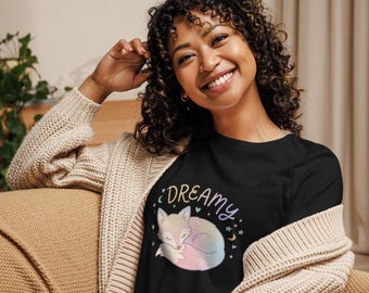 Maglietta grafica Dreamy Fox, maglietta in cotone dalla vestibilità comoda