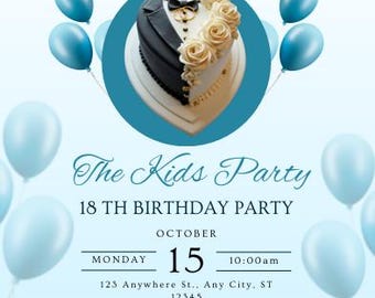 18th Birthday Invitation | Blue Themed Digital Party Invite | Editable Kids/Teen Invite