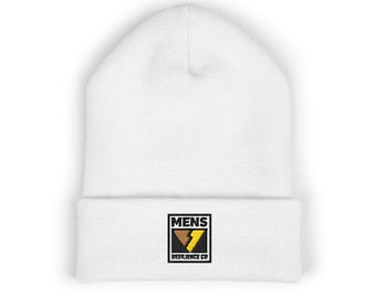 May include: White beanie with a folded brim. The front of the beanie features a rectangular patch with the word "MENS" above a brown and yellow lightning bolt design, and the words "RESILIENCE CO" below.