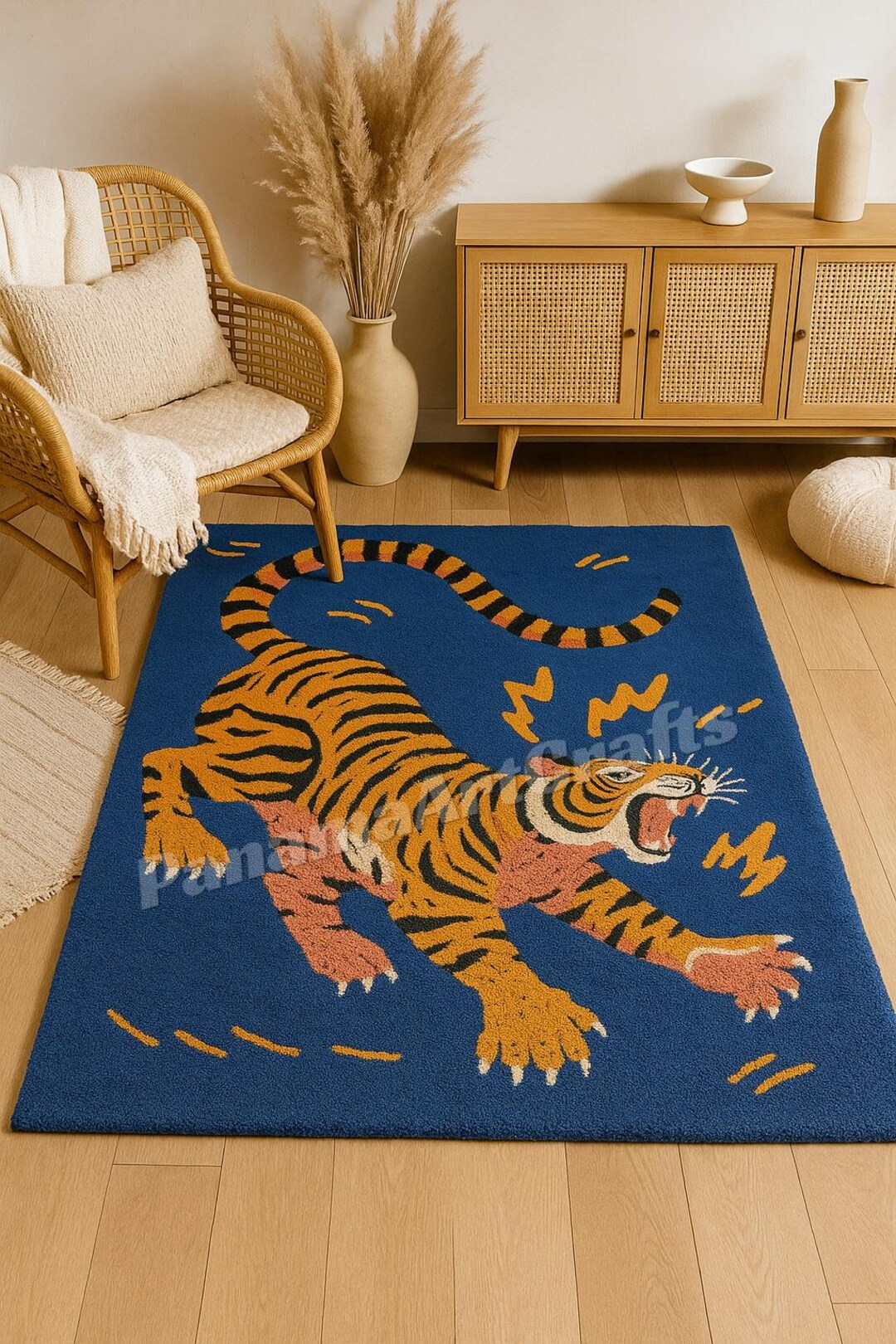 Hand-Tufted Wool Tiger Rug: Bold Graphic Design, Blue & Orange Carpet By PanamaArtCrafts - 4x6 Feet