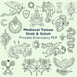 Może przedstawiać: Czarno-białe ilustracje o tematyce średniowiecznej, w tym smoki, zamek, róże i hełm rycerski. Zawiera również tekst "Medieval Tattoo Stick & Stitch Printable Embroidery PDF".