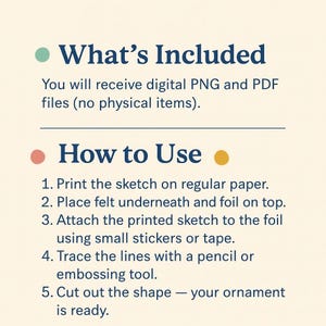 May include: Cream-colored graphic with text in a dark blue font. The text reads "What's Included" and "How to Use", with instructions on how to use the digital files to create an ornament.