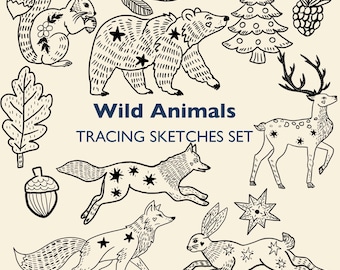 May include: A collection of black and white illustrations of woodland animals, including a squirrel, bear, deer, fox, and rabbit. The text "Wild Animals Tracing Sketches Set" is also included.
