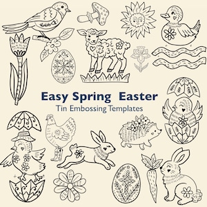 Könnte beinhalten: Eine Sammlung von Schwarz-Weiß-Strichzeichnungen mit Ostern- und Frühlingsmotiven. Das Bild zeigt einen Vogel, ein Lamm, eine Ente, Blumen, Eier und Kaninchen. Der Text lautet "Easy Spring Easter Tin Embossing Templates."