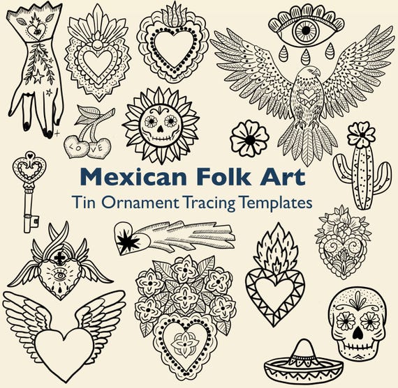 Mexican Folk Art Sacred Heart Templates – Tin Ornament Tracing Set, Eagle Line Art