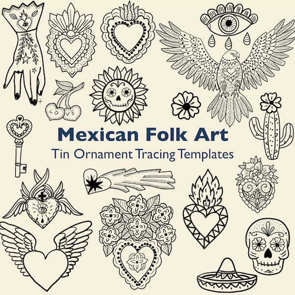 Mexican Folk Art Sacred Heart Templates – Tin Ornament Tracing Set, Eagle Line Art