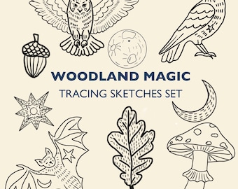 May include: A collection of black and white woodland-themed tracing sketches. The set includes illustrations of an owl, raven, acorn, moon, star, bat, leaf, mushroom, and crescent moon. Text reads "WOODLAND MAGIC TRACING SKETCHES SET."