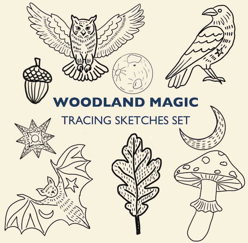 May include: A collection of black and white woodland-themed tracing sketches. The set includes illustrations of an owl, raven, acorn, moon, star, bat, leaf, mushroom, and crescent moon. Text reads "WOODLAND MAGIC TRACING SKETCHES SET."