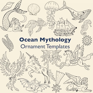 Könnte beinhalten: Eine Sammlung von schwarz-weißen Illustrationen zum Thema Ozean, darunter eine Meerjungfrau, ein Wal, ein Seepferdchen und ein Schiff. Der Text "Ocean Mythology Ornament Templates" ist in Marineblau dargestellt. Weitere Illustrationen sind ein Phönix, ein Einhorn und Medusa.