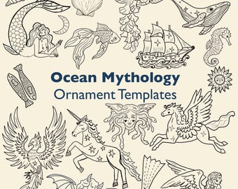 Szablony ozdób z mitologii oceanicznej – szkice do tłoczenia folią, DIY z folią