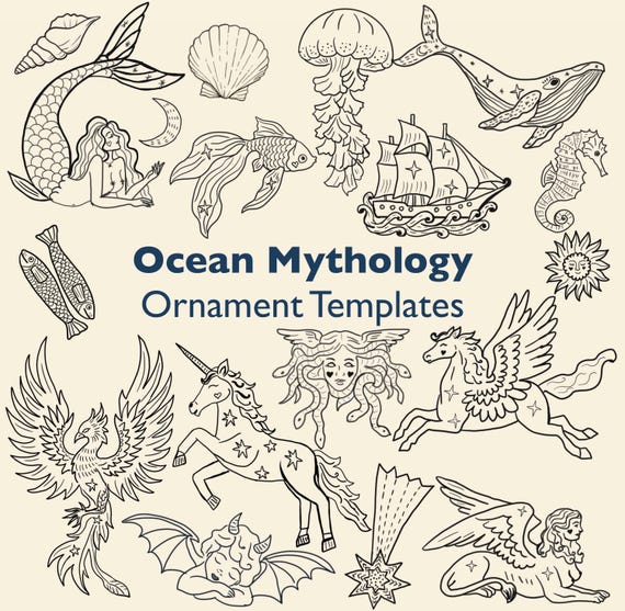 Ocean Mythology Ornament Templates – Tracing Sketches for Foil Embossing , DIY Foil Art