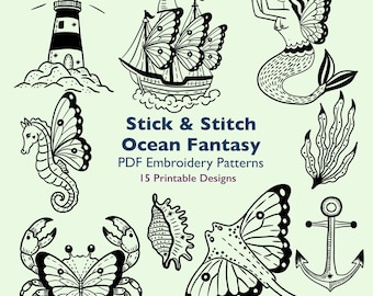 Stick and Stitch Ocean Fantasy Embroidery Patterns PDF, Tattoo Inspired Mermaid and Sea Creature Hand Embroidery Designs