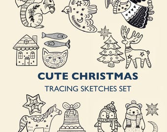 May include: Black and white line art illustrations of Christmas-themed animals and objects, including a squirrel, bird, cat, fish, house, Christmas tree, reindeer, horse, bell, penguin, bear, star, and moon. Text reads "CUTE CHRISTMAS TRACING SKETCHES SET."