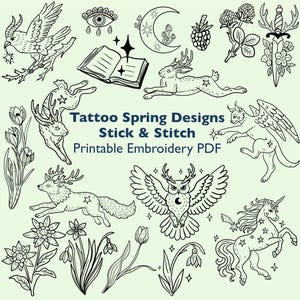 Peut inclure: Illustrations en noir et blanc de motifs printaniers, comprenant des animaux, des fleurs et des éléments célestes. Le texte indique "Tattoo Spring Designs Stick & Stitch Printable Embroidery PDF".