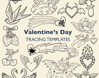 May include: Black and white Valentine's Day tracing templates featuring various designs. Includes cherubs, hearts with wings and horns, a mushroom, a shooting star, a swallow, strawberries, cherries, swans, and a rose. The text "Valentine's Day TRACING TEMPLATES" is also present.