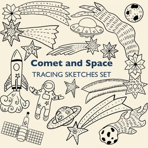 Puede incluir: Conjunto de ilustraciones de línea en blanco y negro con temática espacial, que incluyen un cohete, un astronauta, planetas, estrellas, cometas y un satélite. El texto "Comet and Space TRACING SKETCHES SET" está en el centro.