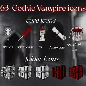 Puede incluir: Imagen de 63 iconos g&oacute;ticos de vampiros. Los iconos principales incluyen un icono de computadora con un ojo rojo, una pluma y un pergamino. Los iconos de carpeta incluyen cofres del tesoro. El texto incluye "computer", "photos", "downloads", "art" y "documents".