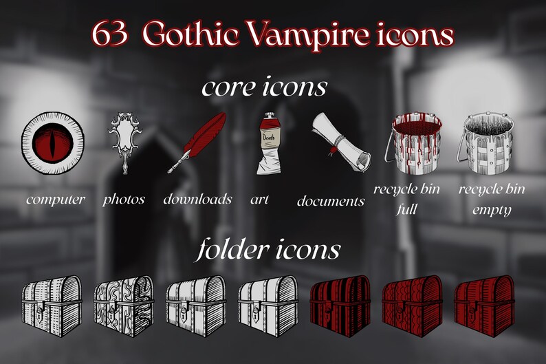 Puede incluir: Imagen de 63 iconos g&oacute;ticos de vampiros. Los iconos principales incluyen un icono de computadora con un ojo rojo, una pluma y un pergamino. Los iconos de carpeta incluyen cofres del tesoro. El texto incluye "computer", "photos", "downloads", "art" y "documents".
