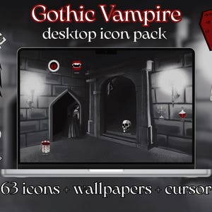Puede incluir: Un paquete de iconos de escritorio de Gothic Vampire se muestra en una computadora port&aacute;til. La imagen incluye una escena en escala de grises con una mujer en un pasillo oscuro, rodeada de iconos rojos y negros como una llave, una pieza de ajedrez y un ata&uacute;d. El texto dice "63 iconos + fondos de pantalla + cursor."