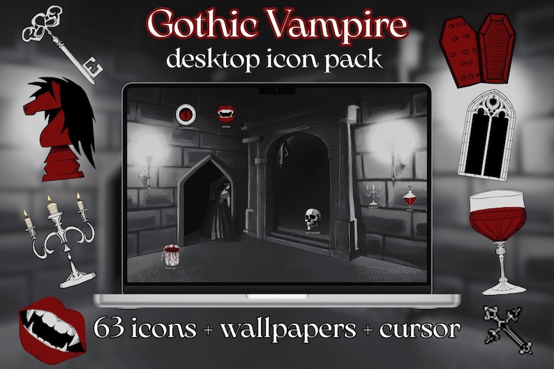 Puede incluir: Un paquete de iconos de escritorio de Gothic Vampire se muestra en una computadora port&aacute;til. La imagen incluye una escena en escala de grises con una mujer en un pasillo oscuro, rodeada de iconos rojos y negros como una llave, una pieza de ajedrez y un ata&uacute;d. El texto dice "63 iconos + fondos de pantalla + cursor."