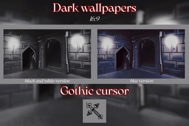 Puede incluir: Dos im&aacute;genes de arte digital de un interior g&oacute;tico, una en blanco y negro y otra en azul, con una figura con una capa con capucha. Se muestra el texto "Dark wallpapers 16:9" y "Gothic cursor".