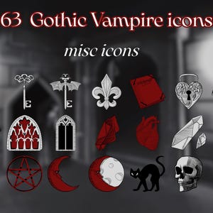 Puede incluir: Una colecci&oacute;n de 63 iconos g&oacute;ticos de vampiros, que incluyen una l&aacute;pida, una llave, un murci&eacute;lago, una flor de lis, un libro, un candado en forma de coraz&oacute;n, una rosa, una vidriera, una luna, un pentagrama, un gato y calaveras.