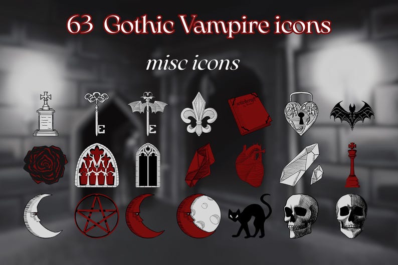 Puede incluir: Una colecci&oacute;n de 63 iconos g&oacute;ticos de vampiros, que incluyen una l&aacute;pida, una llave, un murci&eacute;lago, una flor de lis, un libro, un candado en forma de coraz&oacute;n, una rosa, una vidriera, una luna, un pentagrama, un gato y calaveras.