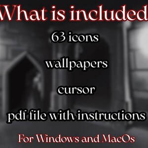 Puede incluir: Imagen con texto: "Qu&eacute; est&aacute; incluido: 63 iconos, fondos de pantalla, cursor, archivo pdf con instrucciones. Para Windows y MacOs." El fondo es una imagen en escala de grises de una estructura de piedra con una puerta arqueada.