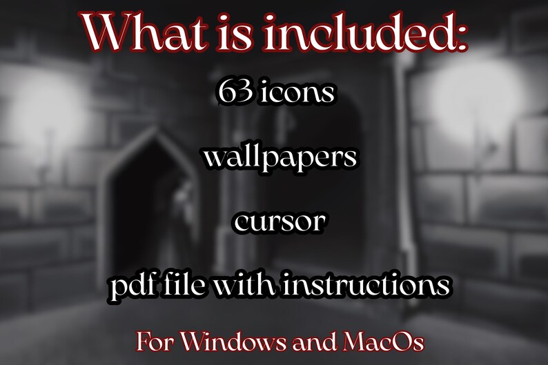 Puede incluir: Imagen con texto: "Qu&eacute; est&aacute; incluido: 63 iconos, fondos de pantalla, cursor, archivo pdf con instrucciones. Para Windows y MacOs." El fondo es una imagen en escala de grises de una estructura de piedra con una puerta arqueada.