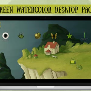 May include: A laptop displays a whimsical watercolor desktop background. The scene features a house, a teapot, a golden apple, butterflies, and a star. The text "GREEN WATERCOLOR DESKTOP PACK" is at the top.