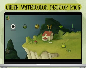 Pack de escritorio de acuarela verde tranquilo: 46 iconos y fondo de pantalla para Windows y macOS