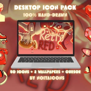 Peut inclure: Un ordinateur portable affiche un thème "Retro RED", entouré d'icônes rouges : patin à roulettes, téléphone, bague, ballon cœur et lunettes. Le texte indique "Desktop Icon Pack" et "100% Hand-Drawn".
