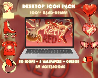 Conjunto de iconos, cursor y fondos de pantalla de escritorio retro rojos (100% dibujados a mano)