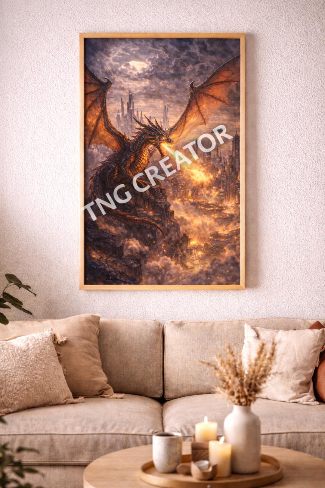Epic Fire Dragon City Art Print | Fantasy Gaming Room Decor (digital ...