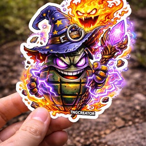 May include: A sticker featuring a cartoon grenade wearing a wizard hat with stars, holding a staff with a purple crystal. A fiery face hovers above. The sticker has the text "TNGCreator".