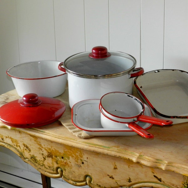 VINTAGE ENAMELWARE- White & Red- 8 Piece Set.