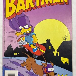 May include: Comic book cover titled "BARTMAN" featuring Bart Simpson as a superhero on a skateboard, with a dog in a mask. The background is a purple sky with a yellow moon and silhouettes of houses. The comic is labeled #6.